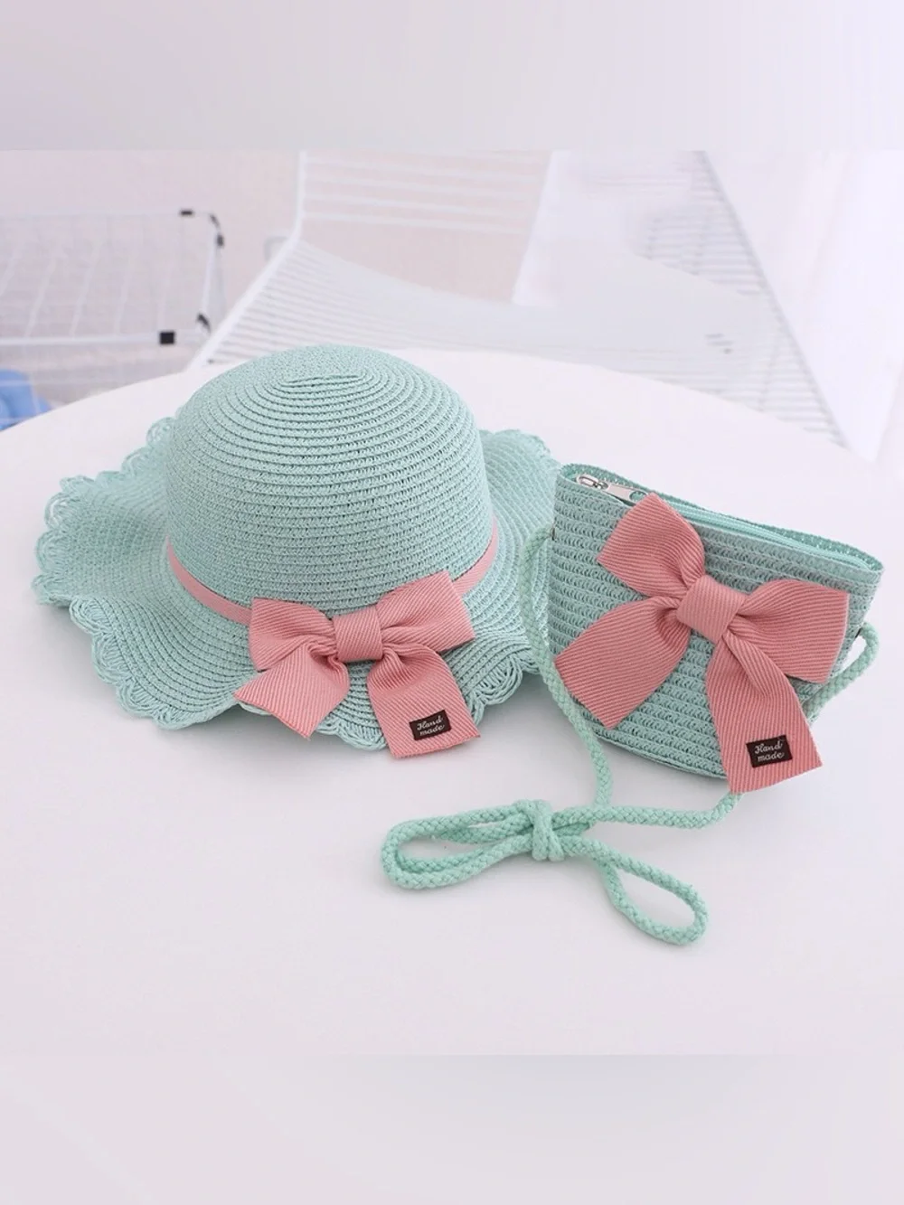 Kids Mint Green Straw Hat and Bag Set with Pink Bow
